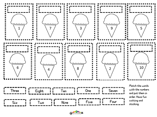 Cutting and sticking -numbers in order 1-10