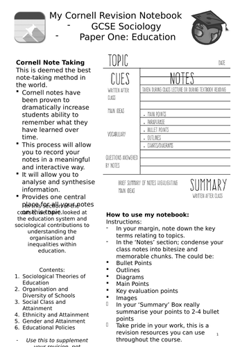 GCSE Sociology Education Topic Cornell Notes Revision Booklet