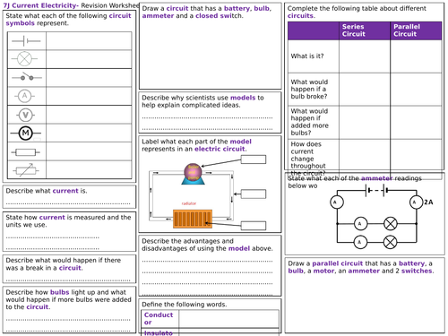 exploring science 7j revision worksheet current electricity teaching