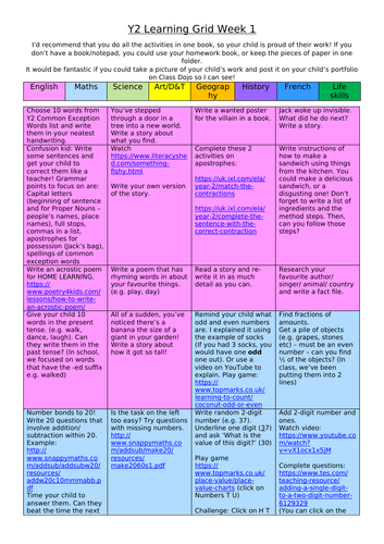 Home learning grid | Teaching Resources