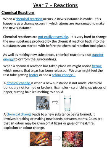 Home Learning Pack ~ KS3 ~ Year 7 ~ Chemical Reactions