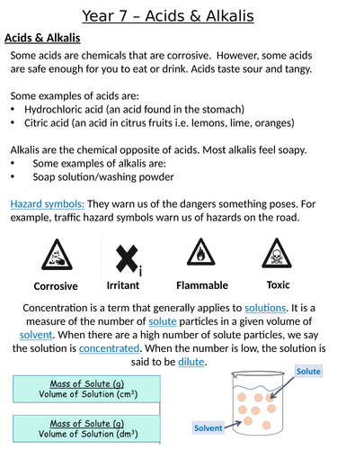 Home Learning Pack ~ KS3 ~ Year 7 ~ Acids & Alkalis