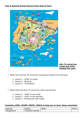 KS3 Spanish revision pack/school closure