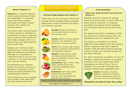 KS2 Staying Healthy Vitamin C Smoothie Activity. Fighting viruses, immune system