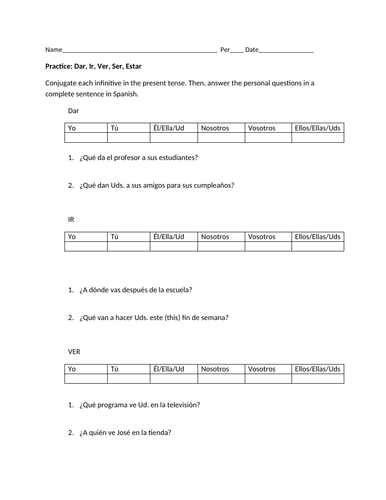 Practice dar ir ser ver estar