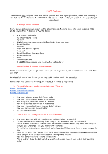 home learning pe tasks