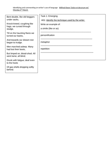 Dulche et decorum est KS3 worksheet moving up through levels