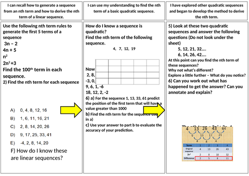 Quadratic Sequence Power point and Worksheet (with answers)