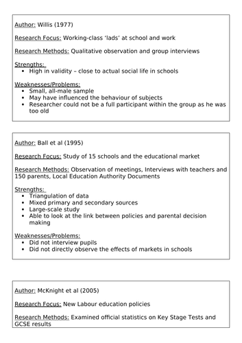 A-level Sociology Methods in Context Key Studies Pros and Cons Table