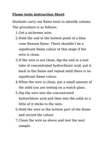 Flame test instruction sheet for practical GCSE