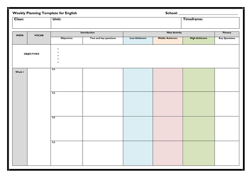 Weekly Planning Template for English