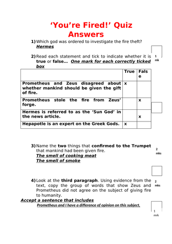 Year 5/6 Reading Comprehension - Prometheus Newspaper Article - Ancient Greece