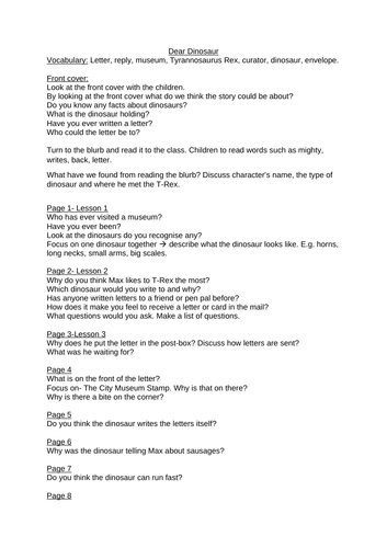 Dear Dinosaur Guided Reading Questions and lesson ideas.