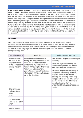 OCR Poetry - Partition 4 page worksheet