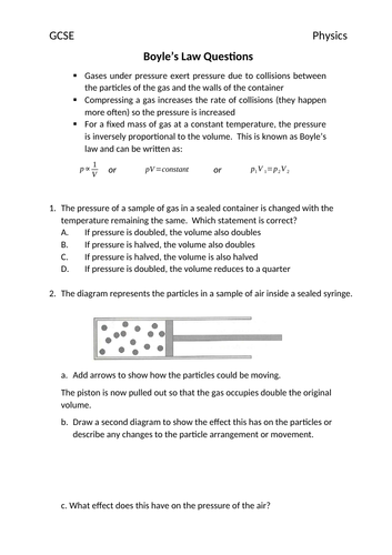 Boyle s law worksheet Teaching Resources