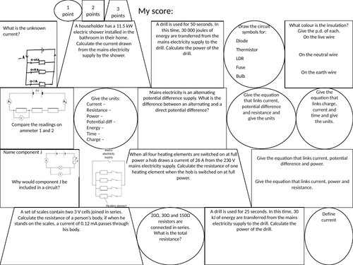 AQA Trilogy P1 Electricity differentiated revision mat