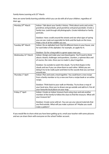 Indoor and Outdoor Family Learning Daily Challenges