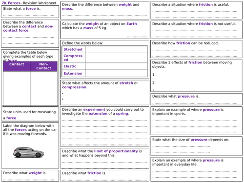 exploring science 7k revision worksheet forces teaching resources