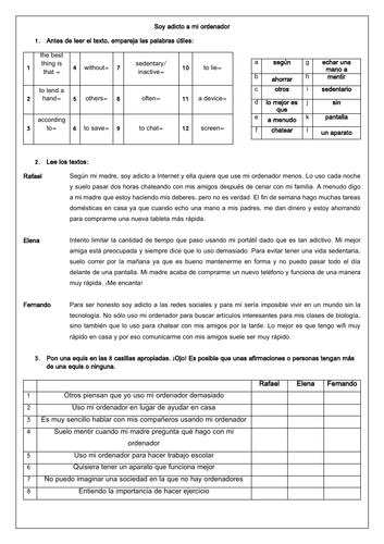 Spanish GCSE Technology & Internet Reading - la tecnología