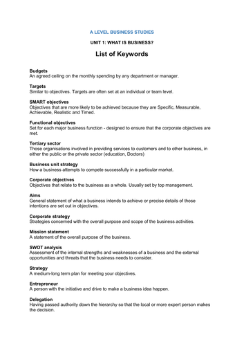 A Level Business Studies keywords - Unit 1 (What is Business?)