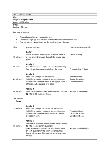 HUNGER GAMES (GCSE English - Paper 1)