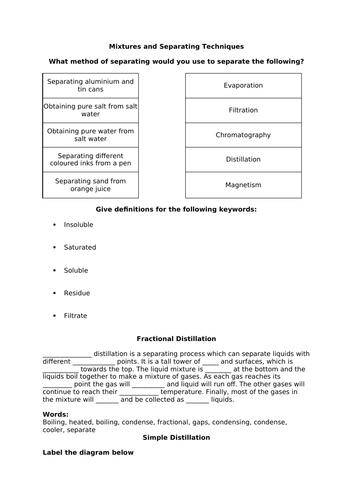 Separating techniques worksheet with ans