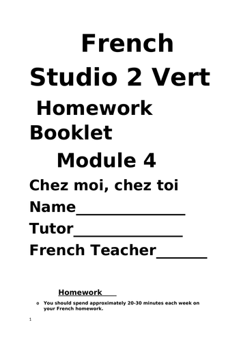 Studio Vert Vocabulary and Homework booklet Module 4 "Chez moi, chez toi"