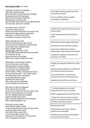 KS3 KS2 Narrative Poetry "The Farmer's Wife" Werewolf Folk Tale CRR Comprehension HW Cover