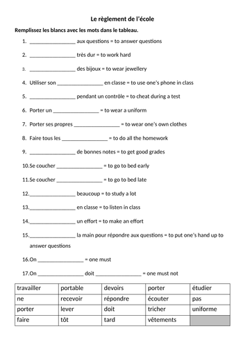 School rules gap-fill (le règlement / les règles)