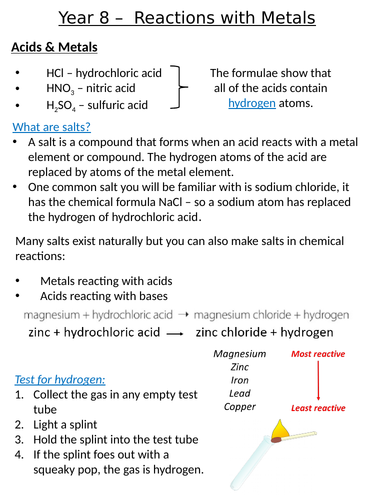 Home Learning Pack ~ KS3 ~ Year 8 ~ Reactions with Metals