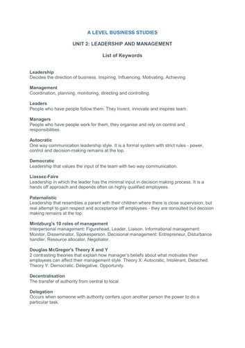 A Level Business Studies keywords - Unit 2 (Management and Leadership)