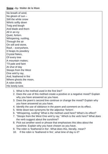 KS3 poetry "Snow" Walter de la Mare CRR Comprehension HW Cover 10 questions