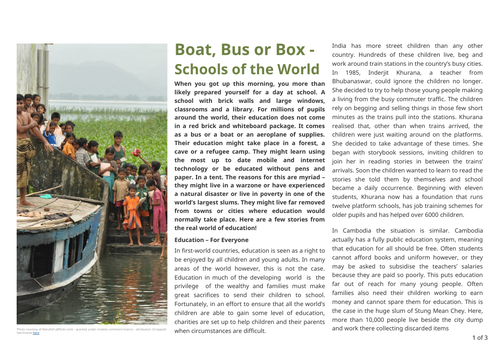 Home learning - English reading & project work (World schools)