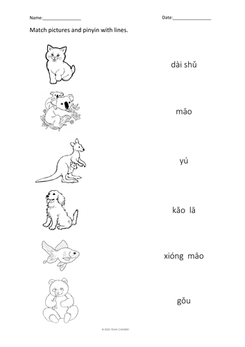 FREEBIE | Animals Matching & Colouring (Mandarin Chinese)