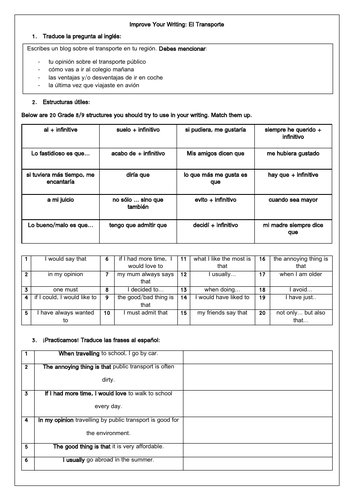 Spanish GCSE Travel & Transport Writing Skills: Structures, Translation ...