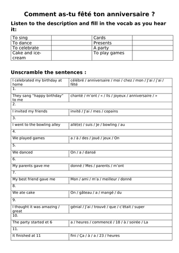 Special occasions / birthdays perfect tense worksheet