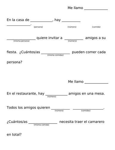 Spanish Math Word Problem Template For Multiplication And Division Matematicas Teaching Resources