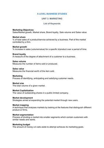 A Level Business Studies keywords - Unit 3  (Marketing)