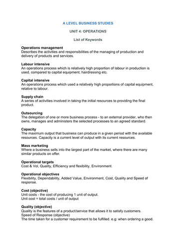 A Level Business Studies keywords - Unit 4 (Operations)