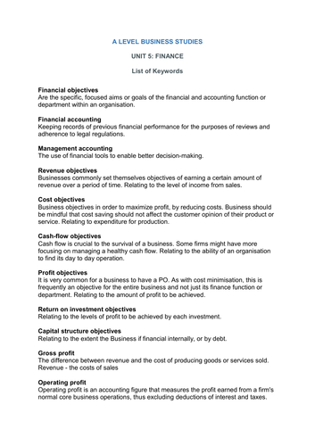 A Level Business Studies Keywords Unit 5 Finance Teaching Resources