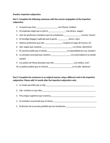 Imperfect subjunctive worksheet