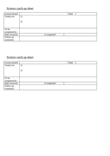 Catch Up Sheet Template Science