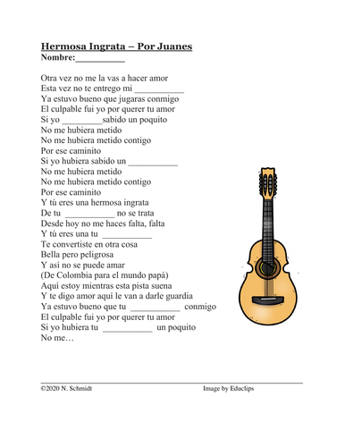 Spanish Song Cloze Activity: Juanes (Pluperfect Subjunctive | pluscaumperfecto)