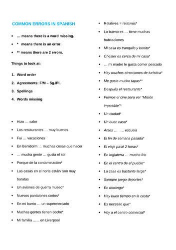 Frequent Common Errors in Spanish for GCSE students - worksheet