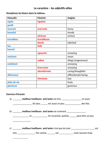 Le caract re les adj ctifs utiles vocab exercise and listening