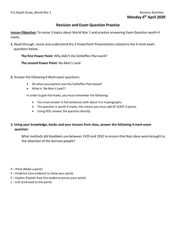 IGCSE Exam Question Practice worth 4 marks. Depth Study World War 1 KS4