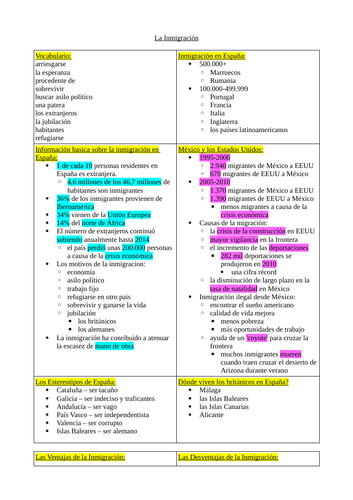 A Level Spanish - La Inmigración fact file