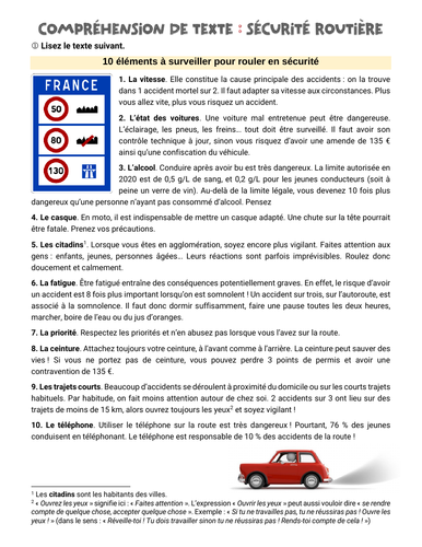 Compréhension et expression écrite : la sécurité routière [road safety] (FLE A2-B1)
