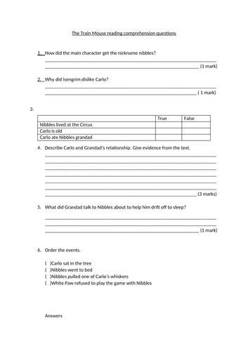 The Train Mouse reading comprehension questions year 4