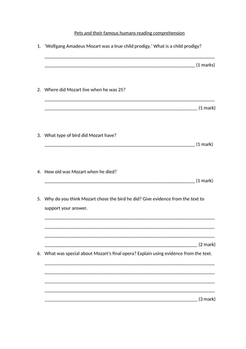 Pets and their famous humans reading comprehension - year 5/6